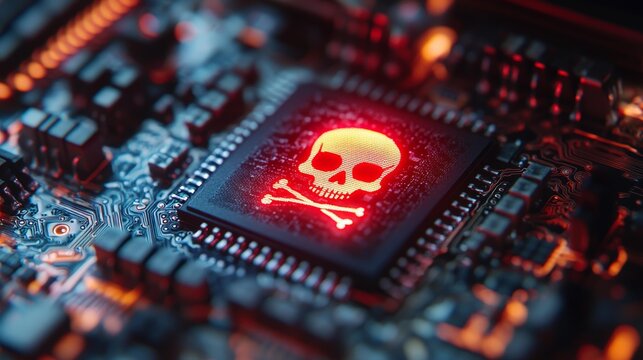 Cybersecurity Warning on Computer Circuit Board. Generative AI