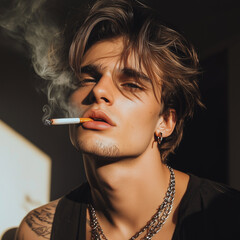 Obraz premium Portrait of a very attractive gay male model smoking, guy looking cool while smoking. smoking fetish. Smoking is sexy. Handsome guy enjoying his cigarette.