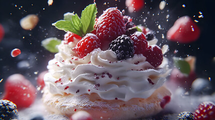 Whipped Cream Dessert with Raspberries and Blackberries, A Food Photography Illustration