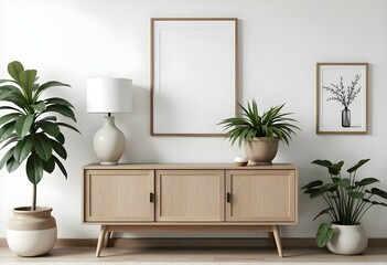 A modern living room with a wooden sideboard, a large framed wall art, and various potted plants