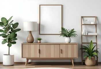 A modern living room with a wooden sideboard, a large framed wall art, and various potted plants