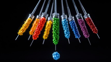 Colorful Syringes with Beads Dropping a Blue Bead