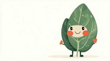Fototapeta premium Friendly spinach leaf character whimsical design digital art minimalist background cheerful vibe insurance concept