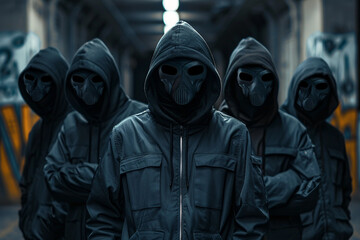 Generative AI Image of Criminal Gang in Dark Hooded Attire with Masks in a Mysterious Setting