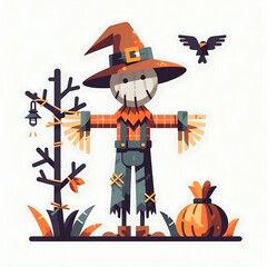 Flat illustration of scarecrow in the field, graphics resource for design