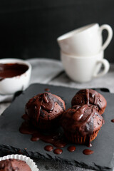
chocolate cupcakes with chocolate chips.on a gray table.dessert