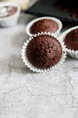 
chocolate cupcakes with chocolate chips.on a gray table.dessert