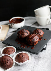 
chocolate cupcakes with chocolate chips.on a gray table.dessert
