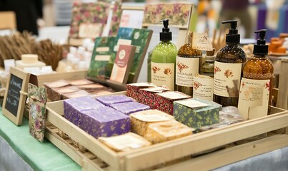 A display of artisanal soaps and skincare products at a market stall.