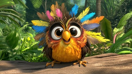 Naklejka premium Cartoon parrot with vibrant feathers jungle digital illustration lush environment close-up fun concept