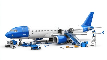 Mechanics servicing an aircraft airport hangar digital illustration industrial environment wide view aviation maintenance