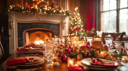 festive dining room with beautifully set table, adorned with candles, ornaments on Christmas tree New Year celebration and warm fireplace, creating cozy holiday atmosphere