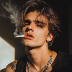 Obraz premium Portrait of a very attractive gay male model smoking, guy looking cool while smoking. smoking fetish. Smoking is sexy. Handsome guy enjoying his cigarette.