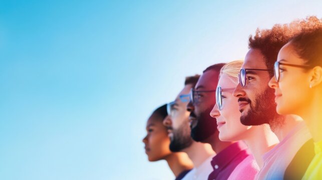 A diverse group of individuals stands together, each facing forward with confidence. They exhibit a strong sense of unity, embodying diversity and inclusion against a bright blue sky