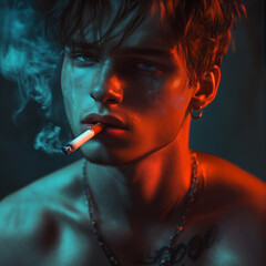 Fototapeta premium Portrait of a very attractive gay male model smoking, guy looking cool while smoking. smoking fetish. Smoking is sexy. Handsome guy enjoying his cigarette.