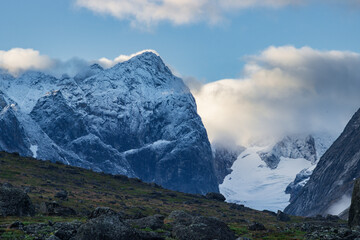 View of Ulamertorsuaq mountain and the view of surrounding mountains and glaciers in Tasermiut...