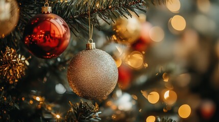 A close-up of elegant gold and red baubles hanging from a tree, surrounded by tinsel and holiday lights