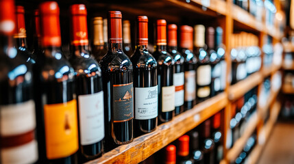 Shelves with red wine in enoteca or wine cellar