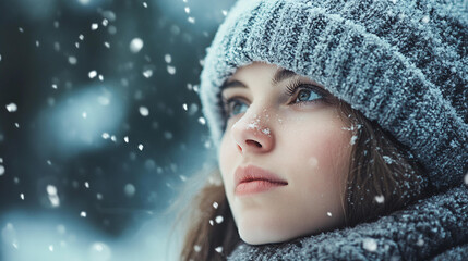 young woman with cozy winter hat gazes thoughtfully as snowflakes fall around her, creating serene and peaceful winter atmosphere