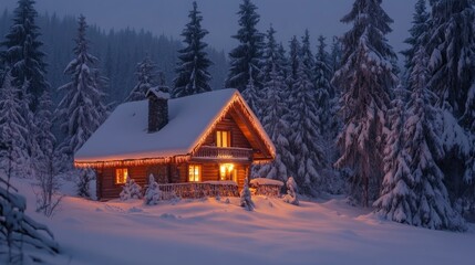 A cozy snow-covered house glowing with warm lights, surrounded by tall pine trees and a peaceful winter landscape