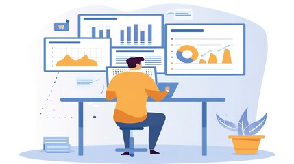 Digital Marketer Analyzing SEO Data on Screen with PPC Campaign Stats in Background - Showcasing Integrated Digital Marketing and E-commerce Online Sale Strategy