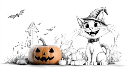 A playful cartoon cat wearing a witch hat sits next to a carved pumpkin. The background features a spooky house and flying bats, capturing the essence of Halloween