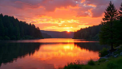 Fototapeta premium A serene sunset over a tranquil lake reflects vibrant orange and purple hues against lush green forests and distant hills