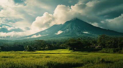 Fototapeta premium A breathtaking landscape beside a majestic mountain, vivid tones capturing the lush greenery and serene atmosphere of nature.