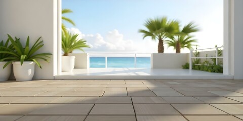 Fototapeta premium Wooden deck overlooking a calm ocean with palm trees and potted plants in the background
