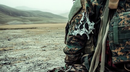 A soldier in camouflage gear sits against a barren landscape, emphasizing military themes.