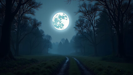 Fototapeta premium A mystical moon illuminates a serene forest path, casting shadows on the grass while tall trees frame the tranquil scene under a deep blue night sky