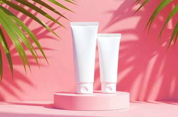 Two white tubes with a cosmetic product with space for text, placed on a pink stand. Advertising concept.