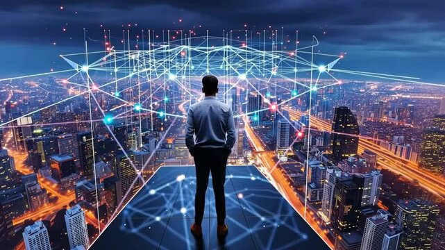 business man on platform looking over futuristic