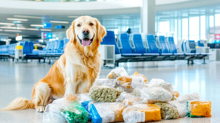 Border control dog with packages of drugs