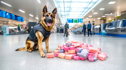 Customs service sniffing dog with seized drugs