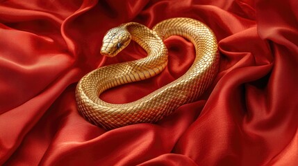 Obraz premium A golden snake winding through red silk fabric, symbolizing the luxurious and prosperous 2025 Year of the Snake celebration 