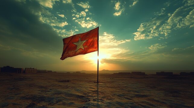 Sunset Over Djibouti Flag Waving in the Desert. Generative AI