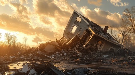 Fototapeta premium A collapsed house after a natural disaster, vivid tones highlighting the debris and destruction, capturing the aftermath with dramatic and realistic detail.