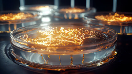 Photorealistic scene of bioprinting synthetic nerves, ultra-detailed fibers, glowing LED lab lights 