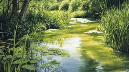 A peaceful scene of cultivating algae in a river, vivid tones highlighting the lush green growth and serene water, showcasing nature's harmony.