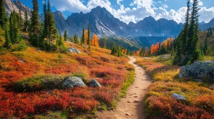 Fototapeta premium A picturesque mountain trail with a clear path leading through rugged terrain, vibrant colors capturing the breathtaking views and outdoor adventure