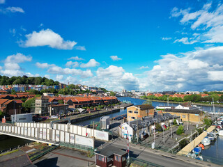 Aerial View of Cumberland Basin Central Bristol City of Southwest of England, Great Britain. High Angle Footage Was Captured with Drone's Camera from Medium High Altitude on May 28th, 2024.