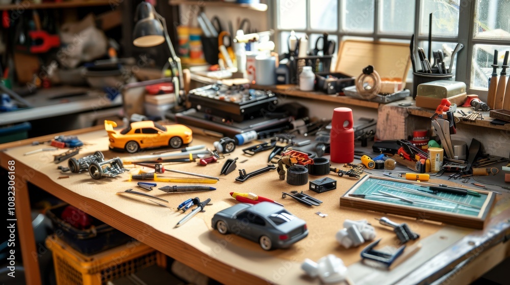 Poster a detailed model car workshop with kits and assembly tools, featuring a meticulous workspace with mo