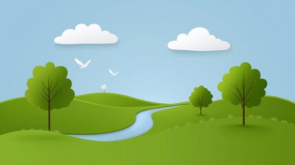 Fototapeta premium Serene Pastoral Landscape with Gentle Hills, Flowing River, Lush Green Trees, and Soft Clouds Under a Bright Blue Sky in a Tranquil Natural Setting