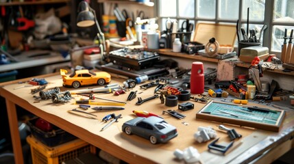 A detailed model car workshop with kits and assembly tools, featuring a meticulous workspace with model car kits, assembly tools