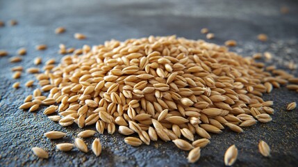 Obraz premium Close-Up View of A Pile of Raw Oats on a Rustic Surface, Highlighting the Grain's Texture and Natural Color in a Culinary Setting for Healthy Lifestyle Concepts