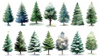 Obraz premium Christmas watercolor clipart collection of festive trees holiday decorations winter wonderland artistic design vibrant colors for seasonal projects