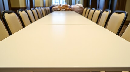 A long, empty conference table set for a meeting or event.