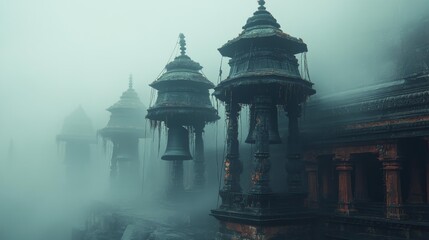 Fototapeta premium Ancient Bells in Mist. Generative AI