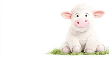 Obraz premium Cute calf sitting on grass farmyard animal portrait bright environment front view playful concept